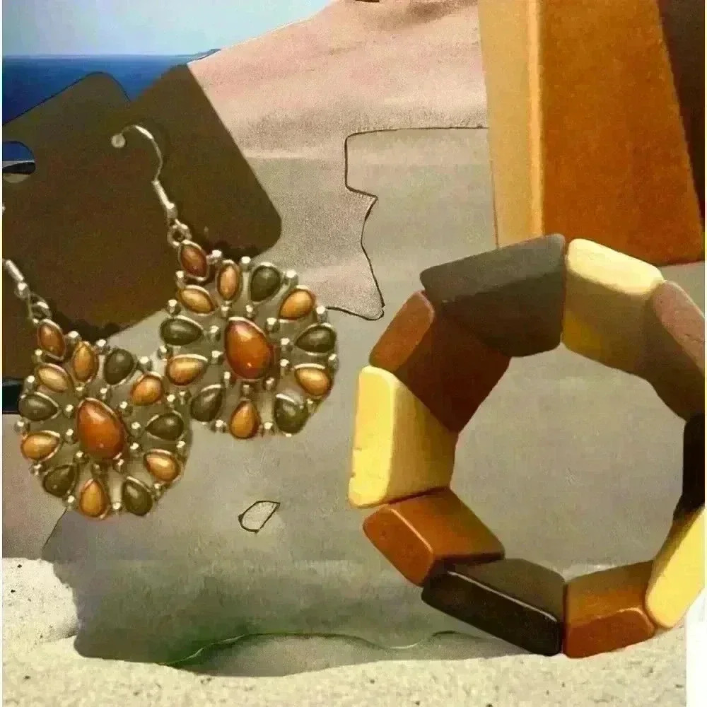 Multi tone Wooden Boho Jewelry Duo Bracelet & Earring Set